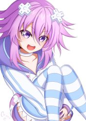Rule 34 | 1girl, absurdres, breasts, choker, crimsle, d-pad, d-pad hair ornament, hair ornament, hairclip, happy, highres, hood, hoodie, leggings, neptune (neptunia), neptune (series), open mouth, parka, purple eyes, purple hair, short hair, simple background, small breasts, striped clothes, striped thighhighs, teeth, thighhighs, thighs, white background