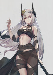 Rule 34 | 1girl, absurdres, arknights, armlet, bare shoulders, bikini, black bikini, black choker, breasts, choker, collar, commentary request, cowboy shot, demon horns, flower, gluteal fold, grey background, grey hair, hair flower, hair ornament, hammer, hand up, highres, holding, holding hammer, holding weapon, horns, infection monitor (arknights), jewelry, large breasts, long hair, looking at viewer, material growth, medium breasts, mudrock (arknights), mudrock (silent night) (arknights), navel, necklace, official alternate costume, oripathy lesion (arknights), parted lips, partial commentary, pointy ears, red eyes, red flower, sarong, see-through, simple background, solo, stomach, straight hair, swimsuit, thigh gap, underboob, very long hair, war hammer, weapon, white hair, yasu (segawahiroyasu), yellow flower