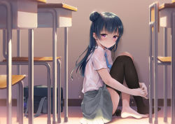 Rule 34 | 10s, 1girl, barefoot, black thighhighs, blue hair, blush, chair, classroom, commentary request, desk, embarrassed, feet, good quality, hugging own legs, indoors, long hair, looking at viewer, love live!, love live! sunshine!!, mignon, necktie, no shoes, purple eyes, revision, school, school desk, school uniform, single thighhigh, solo, thighhighs, tsushima yoshiko, wet, wet clothes