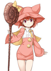 Rule 34 | 1girl, bare legs, bow, cape, cowboy shot, flat chest, hat, hat with ears, large buttons, necktie, neenya (sennen sensou aigis), red eyes, red hair, sakumo (karatama), sennen sensou aigis, short hair, solo, staff, white background