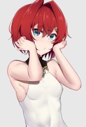 Rule 34 | 1girl, absurdres, ange katrina, ange katrina (1st costume), bare arms, bare shoulders, blue eyes, breasts, closed mouth, commentary request, grey background, hair between eyes, hair intakes, hair ornament, hairclip, hands up, highres, kirikan (cokekiri), nijisanji, red hair, shirt, simple background, sleeveless, sleeveless shirt, small breasts, solo, upper body, virtual youtuber, white shirt