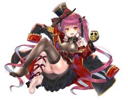 Rule 34 | 1girl, akaza, azur lane, breasts, crossed legs, feet, full body, heterochromia, hololive, houshou marine, leg ribbon, long hair, looking at viewer, medium breasts, open mouth, panties, pantyshot, pink hair, red eyes, ribbon, see-through, see-through legwear, simple background, soles, solo, thighhighs, thighs, toes, twintails, underwear, virtual youtuber, white background, yellow eyes