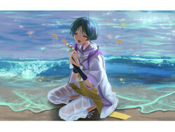 Rule 34 | 1boy, 4the2ofus, absurdres, armor, beach, black hair, blue flower, blush, closed eyes, day, facing viewer, flower, genshin impact, highres, holding, holding flower, japanese armor, japanese clothes, jewelry, kote, kurokote, letterboxed, male focus, necklace, open mouth, orange flower, outdoors, pink flower, sand, scaramouche (genshin impact), scaramouche (kabukimono) (genshin impact), signature, sitting, solo, water, wet, wet clothes, yellow flower