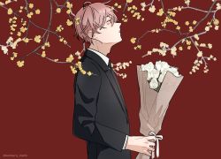 Rule 34 | 1boy, absurdres, black jacket, black necktie, bouquet, branch, closed mouth, collared shirt, commentary request, flower, formal, from side, highres, holding, holding bouquet, jacket, kankara nashi, light blush, long sleeves, looking away, male focus, necktie, original, pink hair, profile, red background, shirt, short hair, simple background, solo, suit, suit jacket, upper body, white flower, white shirt, yellow flower