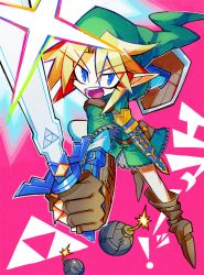 Rule 34 | 1boy, bad id, bad pixiv id, blonde hair, blue eyes, bomb, explosive, gloves, hat, holding, holding sword, holding weapon, link, male focus, nintendo, pointy ears, sendai asano, shield, solo, sword, the legend of zelda, weapon