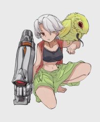 Rule 34 | 1girl, bird, black tank top, borrowed character, cannon, closed mouth, creature, full body, green shorts, gun, hand up, holding, holding gun, holding weapon, jacket, looking at viewer, megame (okbnkn), one eye covered, on one knee, open clothes, open jacket, original, red eyes, red jacket, shorts, simple background, solo, tank top, weapon, white background, white hair