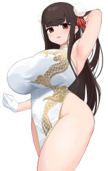 Rule 34 | 1girl, arm up, armpits, breasts, brown eyes, brown hair, china dress, chinese clothes, dress, gloves, hair rings, hand on own hip, highres, huge breasts, long hair, looking at viewer, omizu (h2o), open mouth, original, smile, solo, standing, thick thighs, thighs, white dress