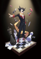 Rule 34 | 1boy, absurdres, black footwear, black hair, black jacket, buttons, card, chess piece, chessboard, closed mouth, coin, creatures (company), full body, game freak, green eyes, grimsley (pokemon), hair between eyes, highres, holding, holding coin, jacket, long sleeves, male focus, mongguri, nintendo, pants, playing card, pointy hair, pokemon, pokemon bw, scarf, shirt, shoes, smile, solo, spotlight, standing, tailcoat, white shirt, yellow scarf