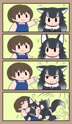 Rule 34 | 1boy, 1girl, animal ears, black hair, blush, bokoboko (pandagapanda1), brown hair, captain (kemono friends), closed eyes, closed mouth, commentary, fur collar, grey wolf (kemono friends), hand on another&#039;s head, headpat, highres, kemono friends, kemono friends 3, necktie, overalls, petting, plaid necktie, smile, sweatdrop, tail, teasing, thighhighs, wolf ears, wolf girl, wolf tail