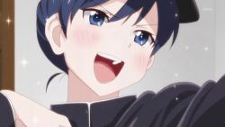 Rule 34 | 1girl, :d, animated, animated gif, blue eyes, blue hair, blush, crossdressing, grin, hat, love lab (manga), lowres, maki natsuo, matching hair/eyes, one eye closed, open mouth, screencap, short hair, smile, solo, sparkle, wink, winking (animated)