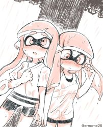 Rule 34 | 2girls, bare arms, bike shorts, blunt bangs, blush, breasts, closed mouth, cowboy shot, eromame, fang, hand up, inkling, inkling girl, inkling player character, legs apart, long hair, looking down, looking up, medium breasts, monochrome, multiple girls, nintendo, nose blush, open mouth, pointy ears, shirt, short sleeves, side-by-side, splatoon (series), splatoon 1, standing, suction cups, tank top, tentacle hair, twitter username, wet, wet clothes, wet hair, wet shirt