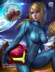 Rule 34 | 1girl, arms at sides, blonde hair, blue bodysuit, blurry, bodysuit, bokeh, breasts, covered navel, day, depth of field, glowing, high ponytail, highres, impossible bodysuit, impossible clothes, light trail, logan cure, long hair, metroid, metroid: other m, metroid (creature), mole, mole under mouth, nintendo, ponytail, samus aran, sitting, skin tight, sky, solo, star (sky), starry sky, thighs, zero suit