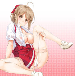 Rule 34 | 1girl, ahoge, arm support, bow, brown eyes, brown hair, brown thighhighs, closed mouth, collared shirt, gradient background, hair bow, leg up, looking at viewer, nakajima yuka, no bra, open clothes, open shirt, original, panties, pink background, pussy juice, red bow, red skirt, sample watermark, see-through, see-through shirt, shirt, shoes, short hair, short sleeves, side-tie panties, sitting, skirt, smile, solo, spread legs, suspender skirt, suspenders, thighhighs, thighs, underwear, undressing, untied panties, watermark, wet, wet clothes, white footwear, white panties, white shirt