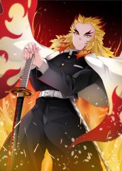 Rule 34 | 1boy, bad id, bad pixiv id, black jacket, black pants, blonde hair, cape, closed mouth, commentary request, eyebrows, fire, forehead, forked eyebrows, hands on hilt, highres, jacket, katana, kimetsu no yaiba, kirigakure (kirigakure tantei jimusho), long sleeves, looking at viewer, male focus, multicolored hair, own hands together, pants, red eyes, red hair, rengoku kyoujurou, smile, solo, sword, translation request, two-tone hair, v-shaped eyebrows, weapon, white cape