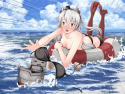 Rule 34 | 10s, 1girl, amatsukaze (kancolle), bad id, bad pixiv id, bikini, black bikini, blue sky, blush, breast padding, breasts, brown eyes, cloud, cloudy sky, day, emphasis lines, fang, full body, hair tubes, hairband, hat, kantai collection, lifebuoy, long hair, looking at another, lowleg, lowleg bikini, lying, mini hat, no nose, ocean, on stomach, open mouth, outdoors, reaching, rensouhou-kun, silver hair, sky, small breasts, solo, swim ring, swimsuit, tamagane chikyu, thighhighs, two side up, unworn bikini top, very long hair