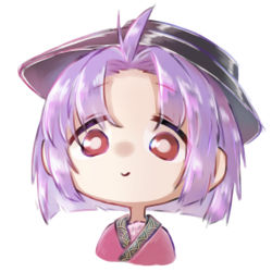 Rule 34 | 1girl, bowl, bowl hat, bright pupils, chibi, closed mouth, commentary request, hat, highres, japanese clothes, kimono, parted bangs, purple hair, red eyes, red kimono, sakura daikon, short hair, simple background, smile, solo, sukuna shinmyoumaru, touhou, white background, white pupils