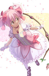 Rule 34 | 1girl, blush, bow, bow (weapon), bubble skirt, choker, closed mouth, falling petals, frills, gloves, hair bow, highres, holding, holding bow (weapon), holding weapon, kaname madoka, kneehighs, looking away, looking to the side, magical girl, mahou shoujo madoka magica, mahou shoujo madoka magica (anime), petals, pink eyes, pink hair, puffy short sleeves, puffy sleeves, red bow, red choker, red footwear, shoes, short hair, short sleeves, short twintails, skirt, smile, socks, solo, tokumaro, twintails, weapon, white gloves, white socks