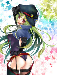 Rule 34 | 10s, 1girl, ass, bad id, bad pixiv id, black thighhighs, breasts, cleavage, elbow gloves, from behind, garter belt, garter straps, gloves, green hair, hat, highres, kiraboshi (star driver), lace, lace-trimmed legwear, lace trim, long hair, looking back, medium breasts, mj6969, open mouth, panties, peaked cap, red eyes, solo, star driver, thighhighs, thong, underwear, v, v over eye, watanabe kanako