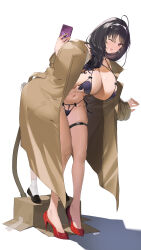 1boy 1girl absurdres age_difference ahoge azur_lane bent_over bikini bikini_under_clothes black_bikini black_hair blush box breasts brown_coat cardboard_box cellphone coat earrings full_body grabbing_another&#039;s_breast grabbing_from_behind groping hairband hand_up hetero high_heels highres holding holding_phone hug hug_from_behind huge_breasts jewelry long_hair looking_at_viewer mole mole_under_eye navel nike_(nike1060) one_eye_closed onee-shota open_clothes open_coat open_mouth phone purple_eyes red_footwear shadow simple_background smartphone smile solo_focus standing_on_box swimsuit thigh_strap ting_an_(azur_lane) ting_an_(undercover_or_uncovered?!)_(azur_lane) trench_coat white_background white_hairband