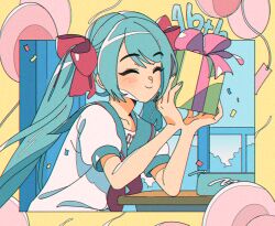 Rule 34 | 1girl, blue nails, blue sailor collar, blush, bow, box, closed eyes, closed mouth, collarbone, cropped torso, facing ahead, film grain, gift, gift box, hair bow, hatsune miku, holding, holding gift, long hair, momonosa oekaki, nail polish, neckerchief, own hands together, raised eyebrows, red bow, red neckerchief, sailor collar, school uniform, shirt, short sleeves, simple background, smile, solo, swept bangs, twintails, very long hair, vocaloid, white shirt, yellow background