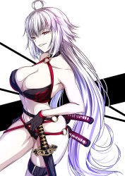 Rule 34 | ahoge, akeyama kitsune, bikini, breasts, cleavage, collar, collarbone, contrapposto, fate/grand order, fate (series), gloves, halterneck, hand on hilt, jeanne d&#039;arc alter (swimsuit berserker) (fate), jeanne d&#039;arc (fate), jeanne d&#039;arc alter (fate), jeanne d&#039;arc alter (swimsuit berserker) (fate), katana, long hair, looking at viewer, navel, skindentation, smirk, solo, swimsuit, sword, thigh gap, very long hair, weapon, yellow eyes