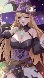 Rule 34 | 1girl, absurdres, alternate costume, amayo thranana, bare shoulders, blonde hair, blush, breasts, cleavage, commentary request, corrin (female) (fire emblem), corrin (female) (fire emblem) (cosplay), corrin (fire emblem), cosplay, dress, earrings, fire emblem, fire emblem fates, fire emblem heroes, gem, halloween, halloween costume, hat, highres, jewelry, large breasts, long hair, looking at viewer, mythra (xenoblade), nintendo, off-shoulder dress, off shoulder, solo, swept bangs, very long hair, witch, witch hat, xenoblade chronicles (series), xenoblade chronicles 2, yellow eyes