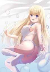 Rule 34 | 1girl, air bubble, ass, azur lane, blonde hair, blue eyes, breasts, bubble, competition swimsuit, highres, icarus (azur lane), icarus (nereid&#039;s discovery) (azur lane), large breasts, long hair, looking at viewer, ocean, official alternate costume, one-piece swimsuit, open mouth, see-through swimsuit, solo, swimsuit, thighhighs, underwater, water, white one-piece swimsuit, white thighhighs, yorumon