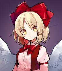 Rule 34 | 1girl, angel wings, blonde hair, bow, bowtie, brown vest, buttons, collared shirt, commentary request, feathered wings, gengetsu (touhou), grey background, hair bow, highres, juliet sleeves, long sleeves, looking at viewer, puffy sleeves, razuzyamu, red bow, red bowtie, red eyes, shirt, short hair, sleeve garter, touhou, touhou (pc-98), upper body, vest, white shirt, white wings, wings, yellow eyes