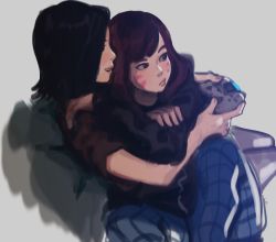Rule 34 | 2girls, anisa sherzai, black hair, brown hair, controller, couch, couple, d.mon (overwatch), d.va (overwatch), facepaint, facial mark, game controller, grey background, hood, hooded jacket, hug, jacket, lips, multiple girls, overwatch, overwatch 1, pajamas, pants, sitting, sitting on lap, sitting on person, whisker markings, yuri