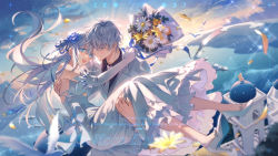 Rule 34 | 1boy, 1girl, :d, architecture, arms around neck, backlighting, bare shoulders, black shirt, blue flower, blue ribbon, blush, bouquet, bow, carrying, chinese commentary, chinese text, closed mouth, cloud, collared shirt, colored eyelashes, commentary request, cross, crossed bangs, dress, dual persona, elbow gloves, english text, eyelashes, floating hair, flower, formal, frilled dress, frills, genderswap, genderswap (mtf), gloves, gojou satoru, hair between eyes, hair flower, hair ornament, hair ribbon, high heels, highres, holding, holding bouquet, jacket, jujutsu kaisen, kongzao, lapels, long hair, long sleeves, looking at another, looking at viewer, moon phases, necktie, open clothes, open jacket, open mouth, outdoors, pants, princess carry, ribbon, shirt, short hair, sidelocks, sky, sleeveless, sleeveless dress, smile, suit, sunlight, white bow, white dress, white flower, white footwear, white gloves, white hair, white jacket, white necktie, white pants, wing collar, yellow flower