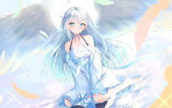 Rule 34 | 1girl, absurdres, ahoge, amatsuka uto, bare shoulders, barefoot, blue eyes, blue hair, closed mouth, commentary, detached sleeves, dress, english commentary, feathered wings, feathers, frilled dress, frills, gradient hair, highres, ijac ray, indie virtual youtuber, long hair, long sleeves, multicolored hair, silver hair, sleeveless, sleeveless dress, sleeves past fingers, sleeves past wrists, smile, solo, very long hair, virtual youtuber, water, white dress, white feathers, white sleeves, white wings, wide sleeves, wings