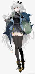 Rule 34 | 1girl, ahoge, alchemaniac, alternate costume, arknights, black shirt, black shorts, black thighhighs, blue jacket, breasts, feet out of frame, grey hair, highres, jacket, jewelry, long hair, looking at viewer, medium breasts, necklace, one side up, open clothes, open jacket, red eyes, ribbed shirt, shirt, shorts, sidelocks, skadi (arknights), skadi (the next afternoon tea) (arknights), solo, stuffed animal, stuffed shark, stuffed toy, sweatdrop, thighhighs, very long hair