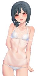 Rule 34 | 1girl, absurdres, alternate hairstyle, arm at side, arm behind back, armpit crease, bare arms, bare shoulders, bikini, black hair, blush, bow, breasts, collarbone, commentary request, cowboy shot, ear blush, fang, gluteal fold, groin, hair between eyes, hair bow, halterneck, highres, looking at viewer, love live!, love live! nijigasaki high school idol club, low ponytail, medium hair, mifune shioriko, nasuno (nasuno42), one-piece tan, open mouth, raised eyebrows, red eyes, ribs, short ponytail, side ponytail, simple background, small breasts, smile, solo, standing, string bikini, sweatdrop, swimsuit, tan, tanline, white background, white bikini, white bow