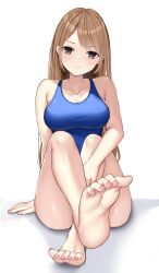 Rule 34 | 1girl, absurdres, barefoot, blue one-piece swimsuit, breasts, brown eyes, brown hair, collarbone, competition swimsuit, feet, foot focus, foot up, foreshortening, highres, knees up, legs, long hair, looking at viewer, medium breasts, nail polish, ncontrail (mgax7527), one-piece swimsuit, original, simple background, sitting, soles, solo, swimsuit, toe scrunch, toenail polish, toenails, toes, white background