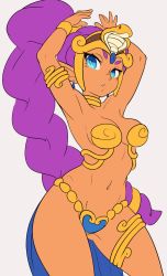 Rule 34 | 1girl, absurdres, alternate costume, angry, annoyed, armlet, armpits, arms up, blue eyes, bracelet, braid, braided ponytail, breasts, cleavage, cowboy shot, dancer shantae, dark-skinned female, dark skin, earrings, female focus, high ponytail, highres, jewelry, long hair, looking at viewer, lots of jewelry, medium breasts, midriff, navel, neck ring, parted lips, pointy ears, purple hair, revealing clothes, shantae, shantae (series), shnibbles, simple background, solo, standing, strapless, thick thighs, thighlet, thighs, very long hair, white background