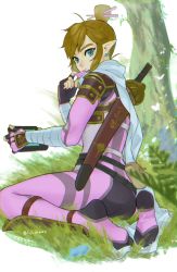 Rule 34 | 1boy, ahoge, alternate color, artist name, ass, bad id, bad pixiv id, bandages, blonde hair, bodysuit, bug, butterfly, commentary request, earrings, fingerless gloves, from behind, gloves, grass, green eyes, hair ornament, hair stick, highres, insect, ivy (sena0119), jewelry, link, long sleeves, looking at viewer, looking back, male focus, mask, mouth mask, ninja, nintendo, no shoes, official alternate costume, pink bodysuit, pointy ears, sheath, sheathed, sheikah slate, sitting, solo, stealth set (zelda), sword, the legend of zelda, the legend of zelda: breath of the wild, topknot, tree, wariza, weapon, weapon on back