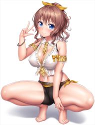 Rule 34 | 1girl, argyle, armpit crease, bang dream!, bare arms, bare legs, bare shoulders, barefoot, belt, between breasts, black shorts, blue eyes, blush, bracelet, breasts, brown hair, cleavage, closed mouth, covered erect nipples, crop top, detached collar, detached sleeves, feet, full body, hair between eyes, hair ribbon, hand up, head tilt, heart, jewelry, lambda (kusowarota), large breasts, long hair, looking at viewer, midriff, navel, necktie, ponytail, ribbon, short shorts, short sleeves, shorts, sidelocks, simple background, smile, solo, squatting, stomach, thighs, w, wavy hair, white background, yamabuki saya, yellow necktie, yellow ribbon