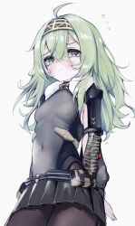 Rule 34 | 1girl, ahoge, arms behind back, belt pouch, black bodysuit, black skirt, blush, bodysuit, breasts, brown pantyhose, closed mouth, covered navel, fur collar, goddess of victory: nikke, green eyes, green hair, hairband, kilo (nikke), kori beta ebi, long hair, long sleeves, looking at viewer, pantyhose, pouch, skin tight, skirt, small breasts, solo