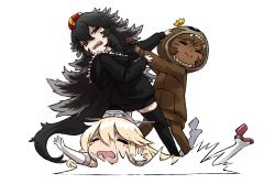 Rule 34 | 3girls, angry, black hair, blonde hair, brown hair, crossover, crown, dark-skinned female, dark skin, fangs, fighting, godzilla, godzilla (series), godzilla vs. kong, haraya manawari, hood, hoodie, iowa (kancolle), kantai collection, king kong, king kong (series), legendary pictures, long hair, mini crown, monkey hood, monsterverse, multiple crossover, multiple girls, open mouth, personification, red eyes, spiked hair, stepped on, tears, thighhighs, toho, very long hair