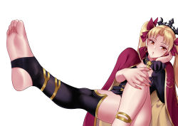 Rule 34 | 1girl, absurdres, barefoot, blonde hair, blush, ereshkigal (fate), fate/grand order, fate (series), feet, foot up, hand on own knee, highres, long hair, parted lips, red eyes, soles, stirrup legwear, toeless legwear, toes, twintails