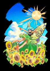 Rule 34 | 1girl, :d, absurdres, antennae, barefoot, black shirt, blue hair, breasts, brown eyes, butterfly wings, cloud, commentary request, day, eternity larva, flower, full body, green skirt, highres, insect wings, iwaserie, leaf, leaf on head, looking at viewer, medium breasts, open mouth, outdoors, outstretched arms, shirt, short hair, skirt, smile, solo, sun, sunflower, touhou, wings, yellow flower