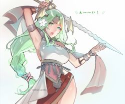 Rule 34 | 1girl, alternate costume, ancient greek clothes, armlet, belly chain, bracelet, braid, breasts, cape, choker, dancer, dancer (fire emblem: three houses), dress, fire emblem, fire emblem: three houses, flower, greco-roman clothes, green eyes, green hair, hair flower, hair ornament, holding, holding weapon, jewelry, large breasts, long hair, nintendo, open mouth, rhea (fire emblem), seiros (fire emblem), simple background, single-shoulder dress, solo, sword, sword of seiros, weapon, yomusugara (uzo-muzo)