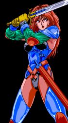 Rule 34 | 1990s (style), 1girl, armor, basted, game, gloves, pc engine, pixel art, raiza (basted), red hair, retro artstyle, spandex, sword, tan, warrioress, weapon