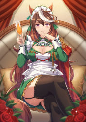Rule 34 | 1girl, adapted costume, aiguillette, alternate costume, animal ears, apron, ascot, black thighhighs, brown hair, cleavage cutout, clothing cutout, crossed legs, cup, earrings, enmaided, epaulettes, flower, gold trim, highres, holding, holding cup, horse ears, horse girl, horse tail, jewelry, long hair, long sleeves, looking at viewer, maid, maid apron, maid headdress, multicolored hair, purple eyes, rose, single earring, single epaulette, sitting, smile, solo, streaked hair, symboli rudolf (umamusume), tail, thighhighs, umamusume, vococo, white hair