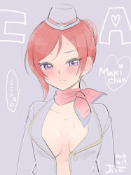 Rule 34 | ..., 10s, 1girl, 2016, alternate costume, alternate hairstyle, anger vein, arms at sides, bad id, bad pixiv id, blush, breasts, character name, coat, dated, embarrassed, flight attendant, flip (diiolive), grey background, hair up, lips, looking at viewer, love live!, love live! school idol festival, love live! school idol project, medium breasts, naked coat, nishikino maki, no bra, purple eyes, red hair, short hair, sideboob, simple background, solo, spoken ellipsis, travel attendant, sweat, uniform, upper body