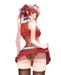 Rule 34 | 1girl, absurdres, ass, bangom r, bare arms, blush, brown leotard, brown thighhighs, clothes lift, commentary, cropped jacket, english commentary, hair intakes, hair ribbon, highres, hololive, houshou marine, jacket, leotard, leotard under clothes, lifting own clothes, long hair, looking at viewer, looking back, multicolored eyes, open mouth, orange eyes, purple eyes, red eyes, red jacket, red ribbon, red skirt, ribbon, simple background, skirt, skirt lift, sleeveless, sleeveless jacket, smile, solo, teeth, thighhighs, upper teeth only, virtual youtuber, white background