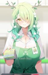 1girl alternate_costume apron blurry blurry_background blush breasts brochure ceres_fauna cleavage closed_mouth collared_shirt deyui green_apron green_hair hair_between_eyes highres holding hololive hololive_english large_breasts long_hair looking_at_viewer mole mole_under_eye shirt smile solo store_clerk virtual_youtuber white_shirt yellow_eyes