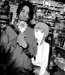 Rule 34 | 1boy, 1girl, absurdres, backpack, bag, bracelet, candy, chainsaw man, chupa chups, clock, convenience store, crossover, dark-skinned male, dark skin, dreadlocks, food, greyscale, highres, holding, holding candy, holding food, holding lollipop, jewelry, lollipop, makima (chainsaw man), monochrome, necktie, playboi carti, real life, shirt, shop, smile, white shirt, xyanaid