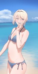 Rule 34 | 1girl, an-94 (girls&#039; frontline), aqua eyes, bare shoulders, beach, bikini, blonde hair, blue bikini, blue sky, breasts, cowboy shot, duplicate, feet out of frame, girls&#039; frontline, hair between eyes, hairband, halterneck, hand to own mouth, highres, ichinose (ichinose1592), long hair, looking at viewer, navel, open mouth, pixel-perfect duplicate, side-tie bikini bottom, sky, small breasts, smile, solo, standing, string bikini, swimsuit, water