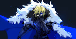 Rule 34 | 1boy, absurdres, armor, black background, blonde hair, blue cape, blue eyes, breastplate, cape, commentary request, dimitri alexandre blaiddyd, eyepatch, fire emblem, fire emblem: three houses, fur trim, gauntlets, hair between eyes, hand on own face, highres, holding, holding polearm, holding weapon, looking at viewer, male focus, medium hair, nintendo, one eye covered, polearm, simple background, solo, standing, upper body, weapon, yumuto (spring1786)
